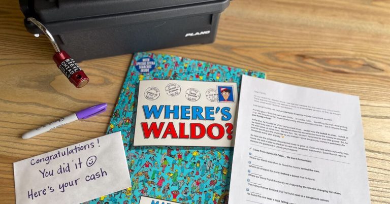 An ammo box, where's waldo book, envelope that says congratulations, you did it! You found the cash, and a letter for the escape room inspired puzzle. They are on a wood table.